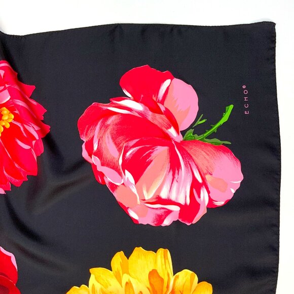 ECHO Large Square Silk Scarf Rose Blossons on Black Background 35" - Picture 8 of 16